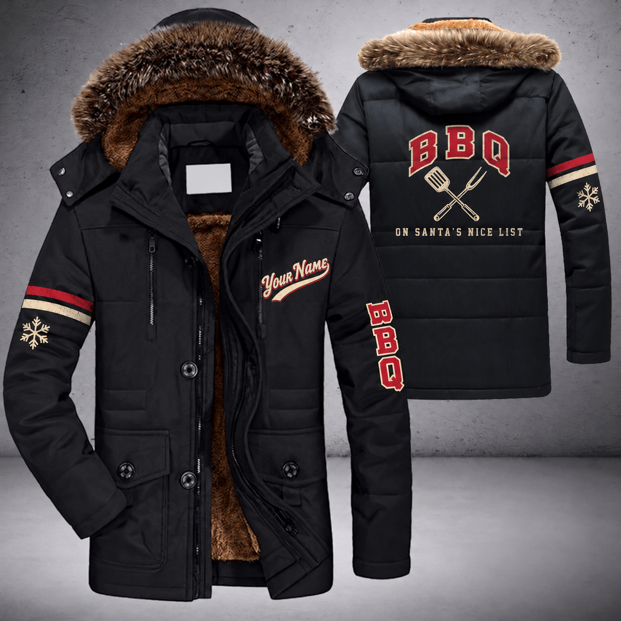 Black parka jacket with a faux-fur hood, snowflake and crossed spatula and fork on the back, "BBQ" lettering and a custom name in script on the chest