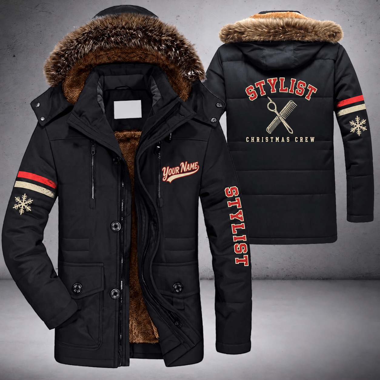 Black parka jacket with a faux-fur hood, snowflake and scissors and comb on the back, "STYLIST" lettering and a custom name in script on the chest