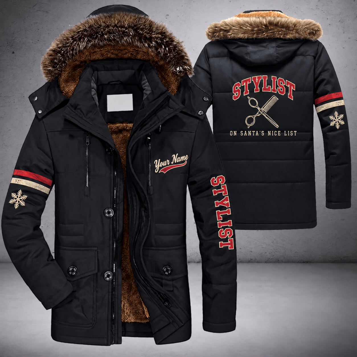 Black parka jacket with a faux-fur hood, snowflake and scissors and comb on the back, "STYLIST" lettering and a custom name in script on the chest