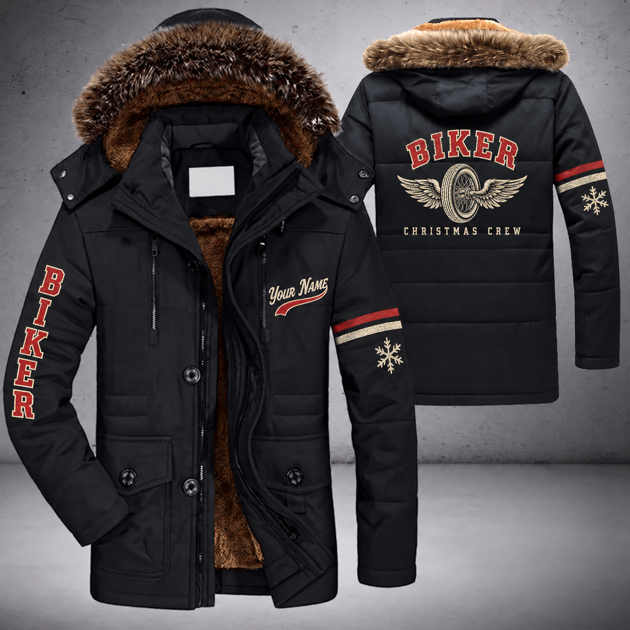 Black parka jacket with a faux-fur hood, snowflake and winged wheel on the back, "BIKER" lettering and a custom name in script on the chest