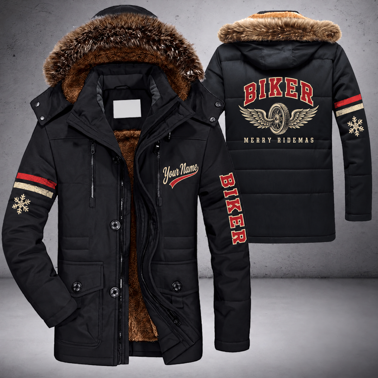 Black parka jacket with a faux-fur hood, snowflake and winged wheel on the back, "BIKER" lettering and a custom name in script on the chest