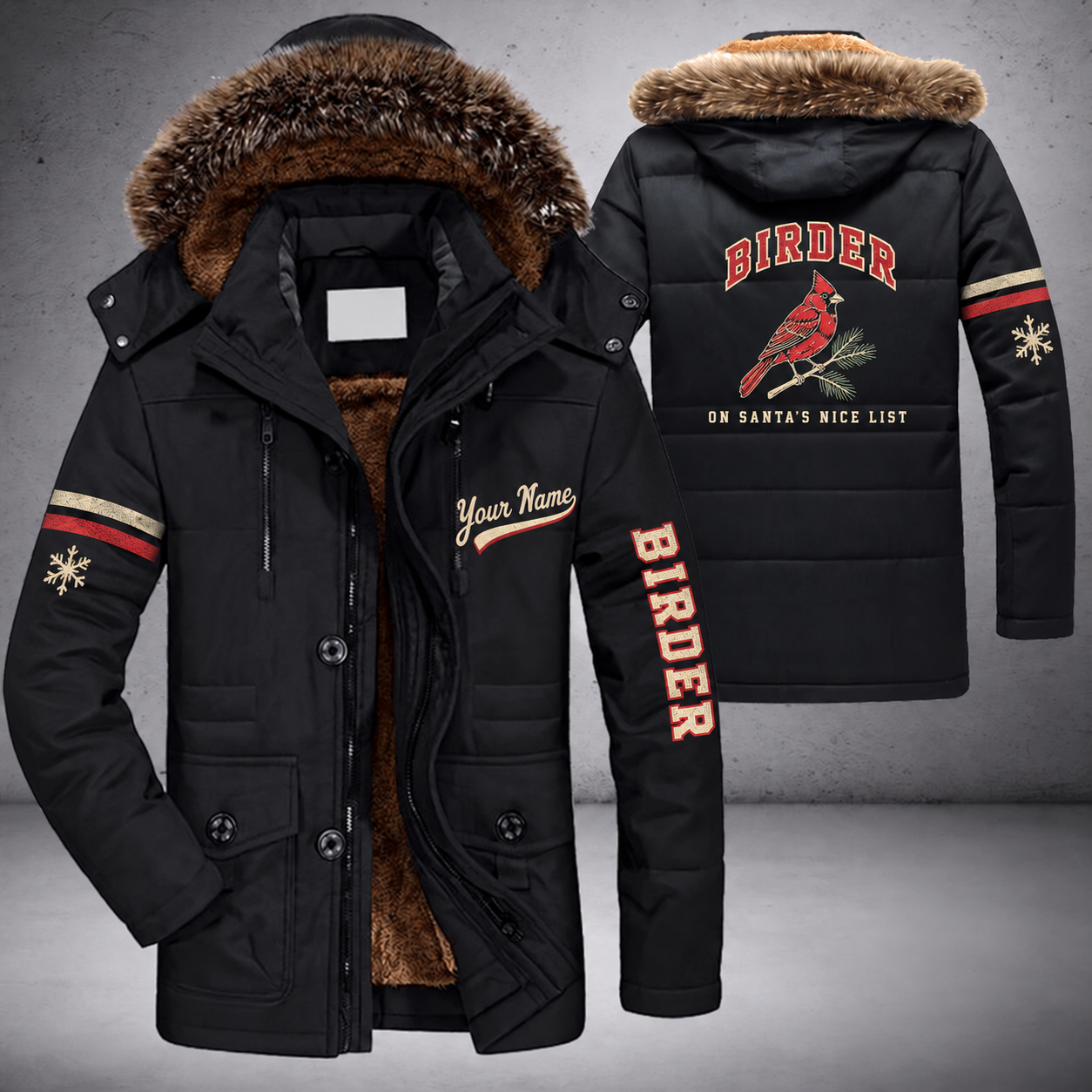 Black parka jacket with a faux-fur hood, snowflake and cardinal bird on the back, "BIRDER" lettering and a custom name in script on the chest