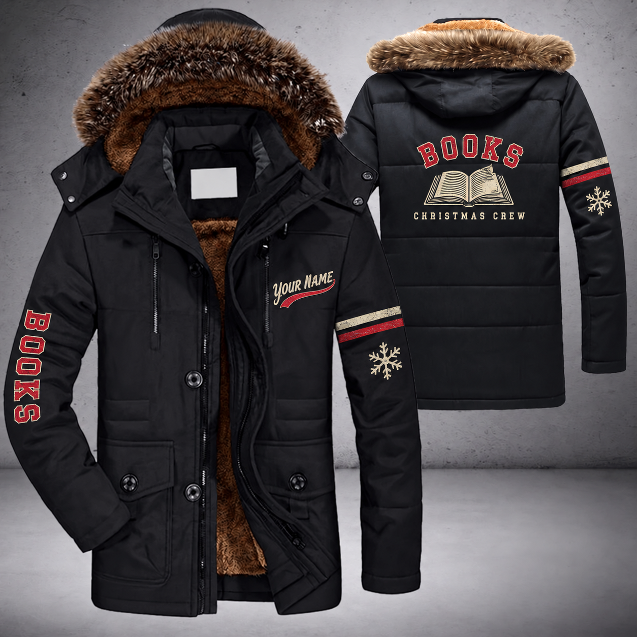 Black parka jacket with a faux-fur hood, snowflake and open book on the back, "BOOKS" lettering and a custom name in script on the chest
