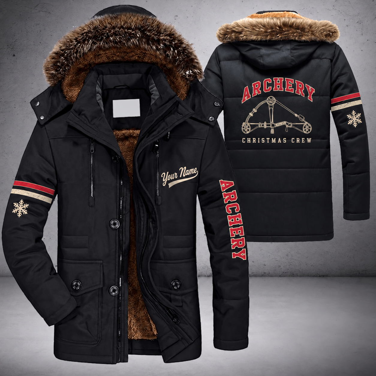 Black parka jacket with a faux-fur hood, snowflake and compound bow on the back, "ARCHERY" lettering and a custom name in script on the chest