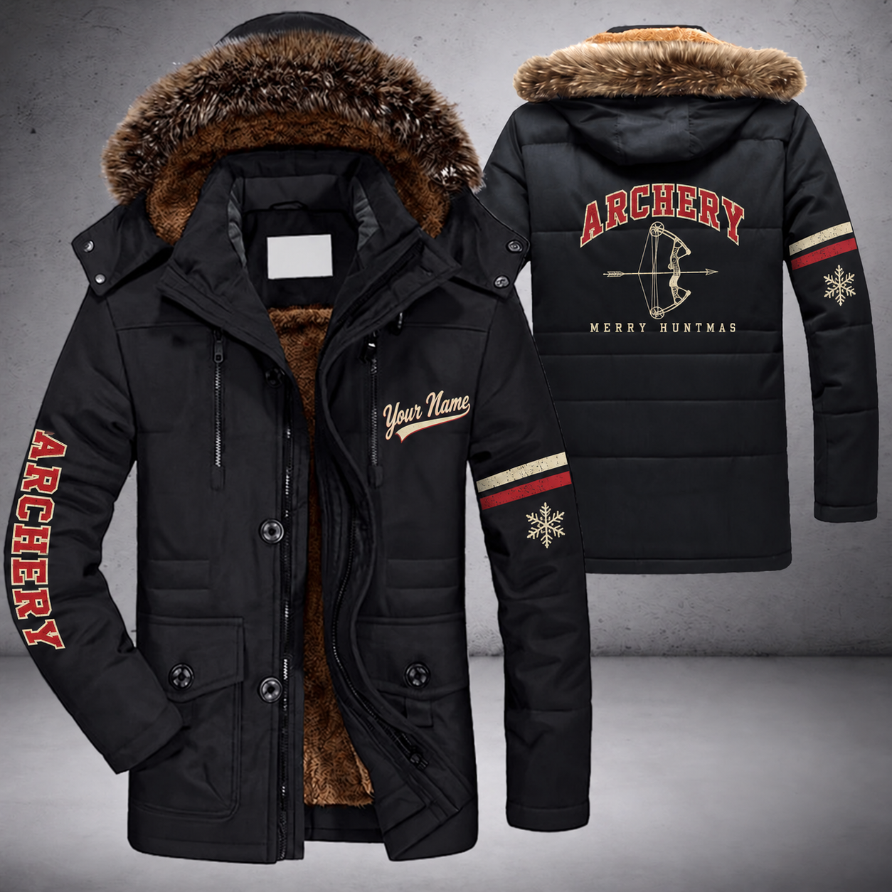 Black parka jacket with a faux-fur hood, snowflake and compound bow on the back, "ARCHERY" lettering and a custom name in script on the chest