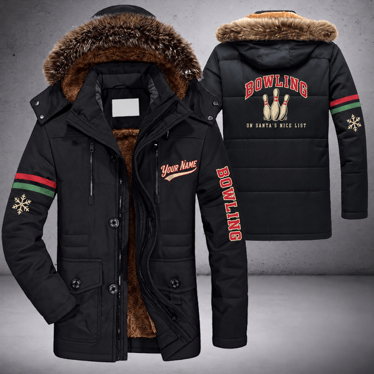 Black parka jacket with a faux-fur hood, snowflake and bowling pins on the back, "BOWLING" lettering and a custom name in script on the chest