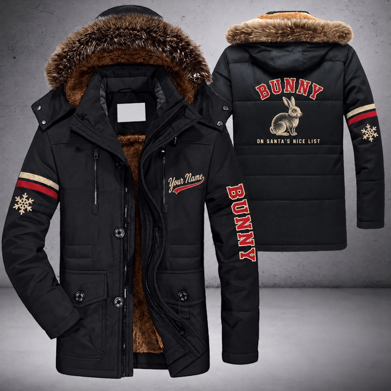Black parka jacket with a faux-fur hood, snowflake and bunny on the back, "BUNNY" lettering and a custom name in script on the chest