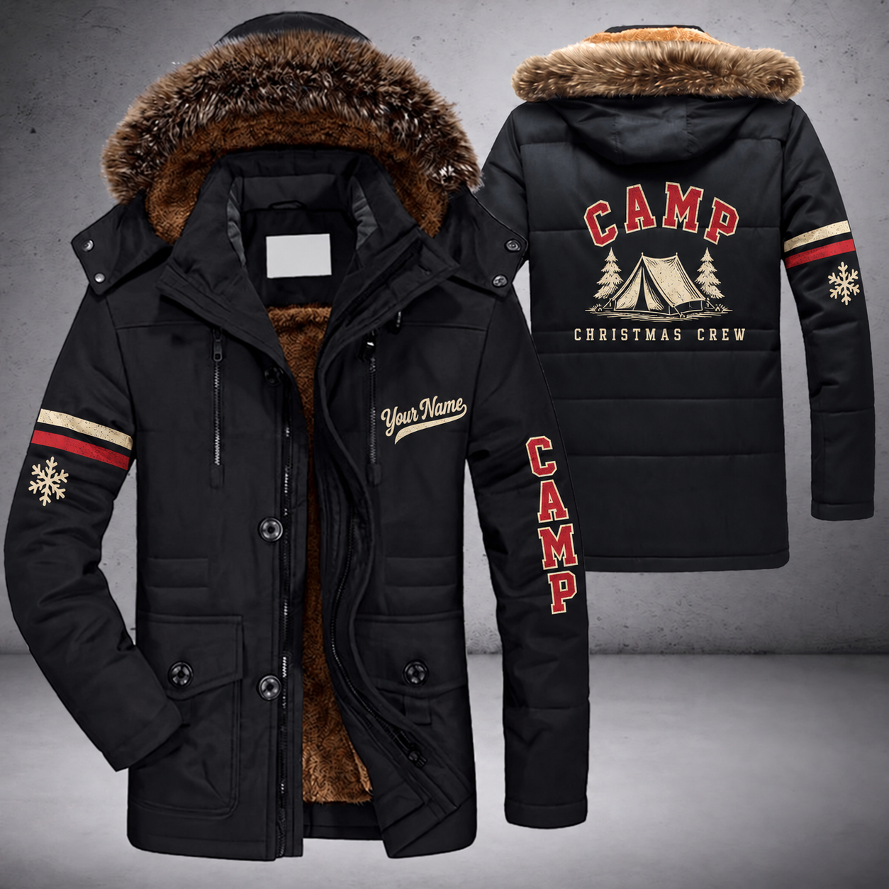 Black parka jacket with a faux-fur hood, snowflake and tent on the back, "CAMP" lettering and a custom name in script on the chest