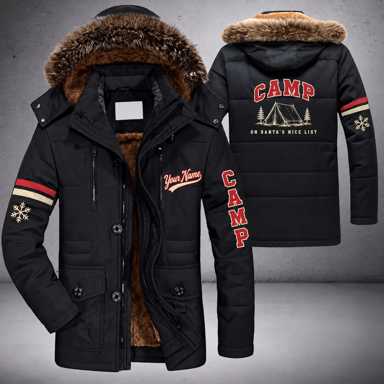 Black parka jacket with a faux-fur hood, snowflake and tent on the back, "CAMP" lettering and a custom name in script on the chest
