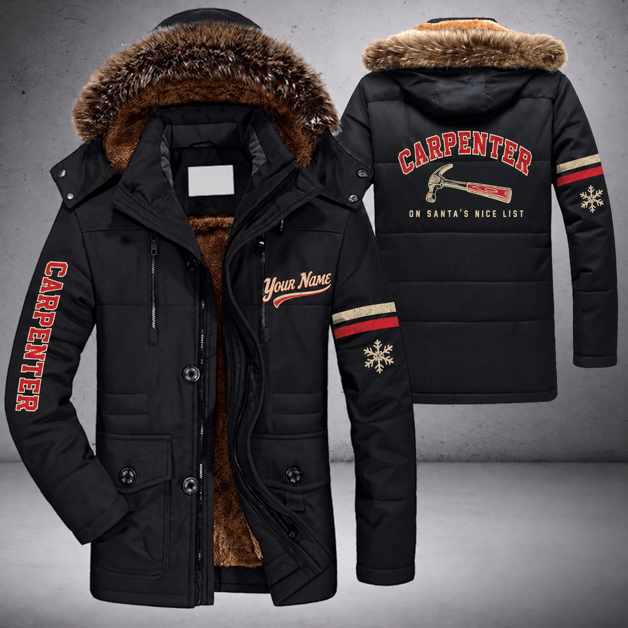 Black parka jacket with a faux-fur hood, snowflake and framing hammer on the back, "CARPENTER" lettering and a custom name in script on the chest