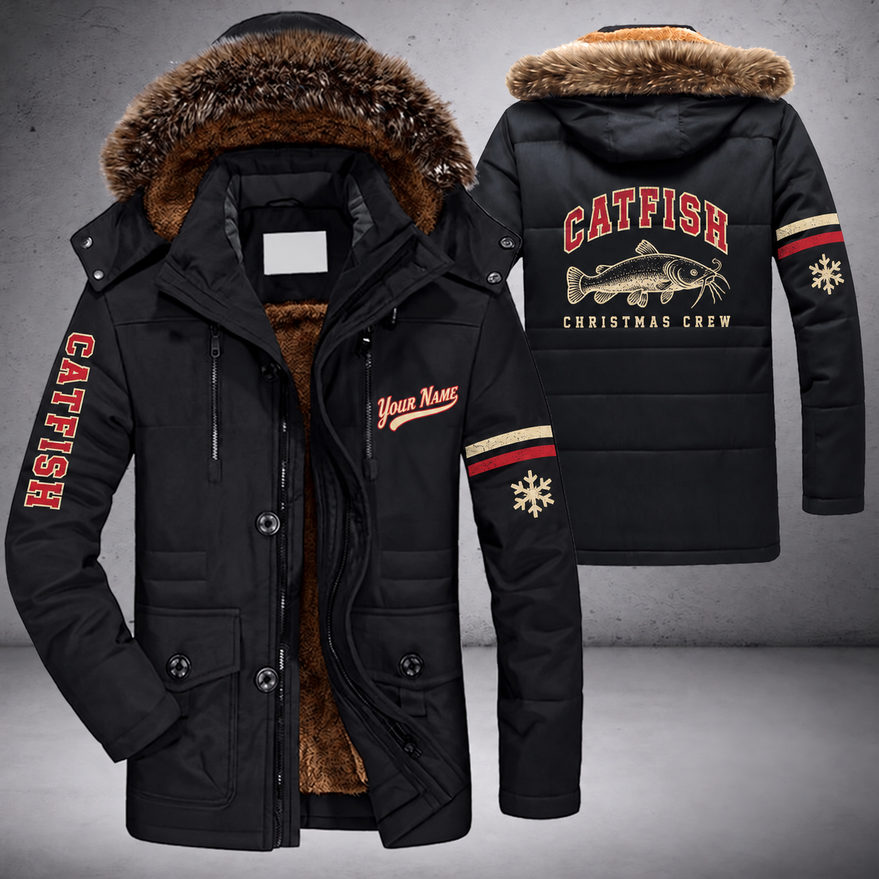 Black parka jacket with a faux-fur hood, snowflake and catfish on the back, "CATFISH" lettering and a custom name in script on the chest