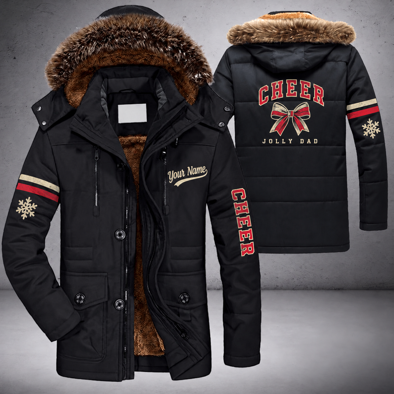 Black parka jacket with a faux-fur hood, snowflake and cheer bow on the back, "CHEER" lettering and a custom name in script on the chest