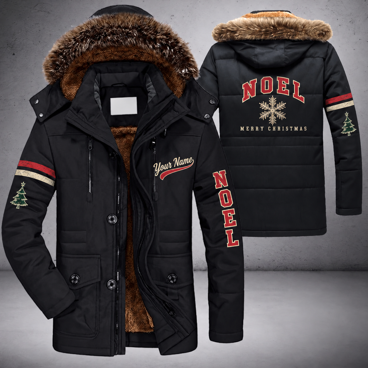Black parka jacket with a faux-fur hood, snowflake on the back, "NOEL" lettering and a custom name in script on the chest