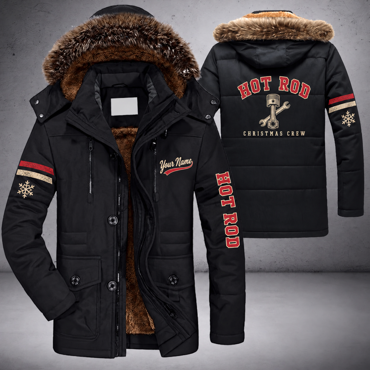 Black parka jacket with a faux-fur hood, snowflake and piston and wrench on the back, "HOT ROD" lettering and a custom name in script on the chest