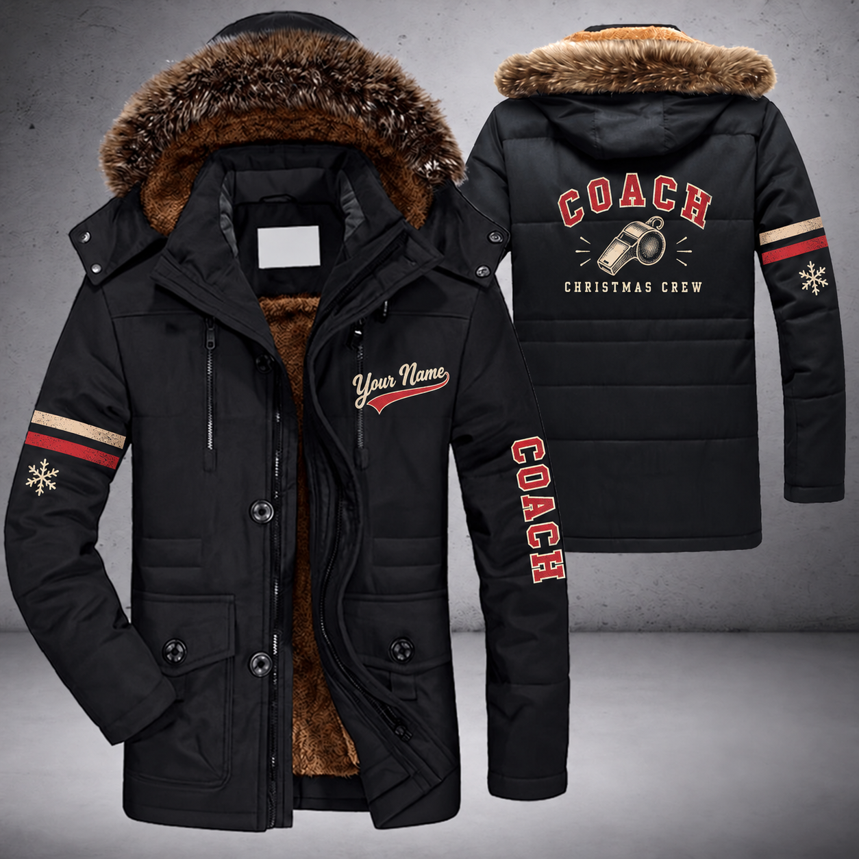 Black parka jacket with a faux-fur hood, snowflake and whistle on the back, "COACH" lettering and a custom name in script on the chest