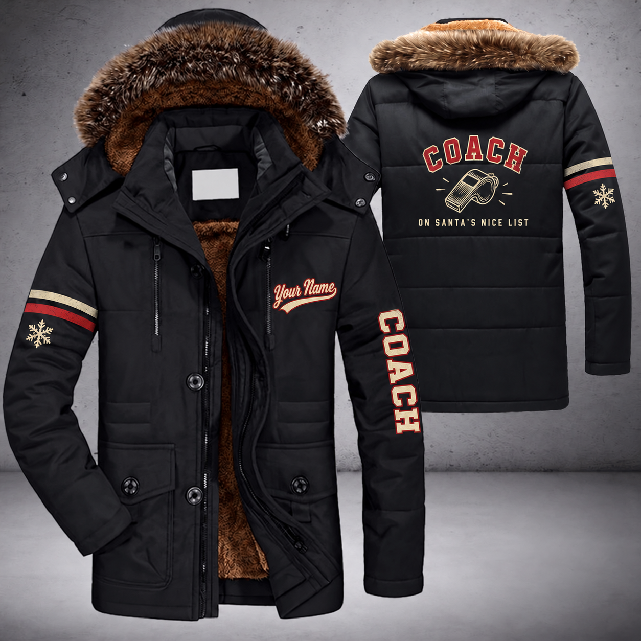 Black parka jacket with a faux-fur hood, snowflake and whistle on the back, "COACH" lettering and a custom name in script on the chest