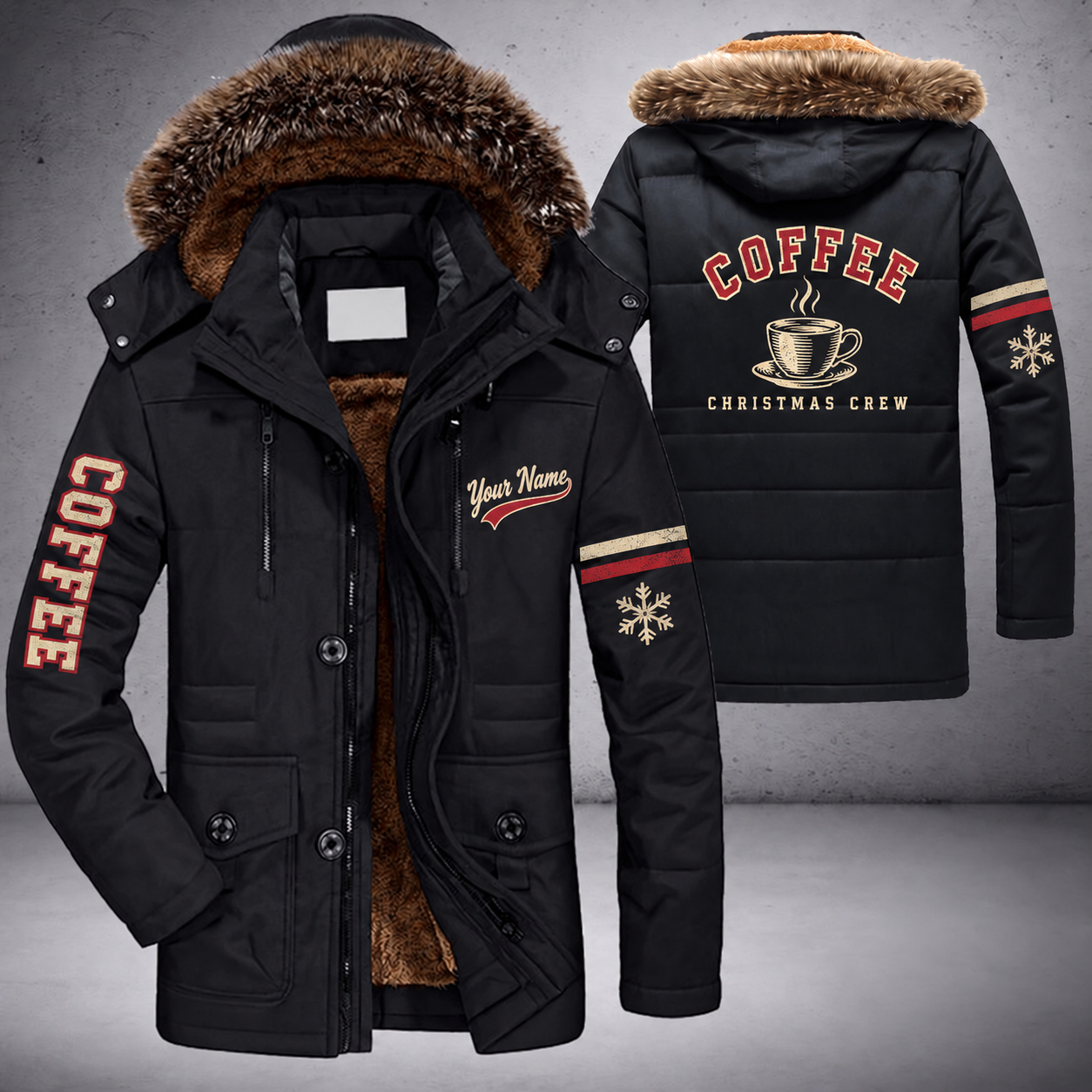Black parka jacket with a faux-fur hood, snowflake and coffee cup on the back, "COFFEE" lettering and a custom name in script on the chest