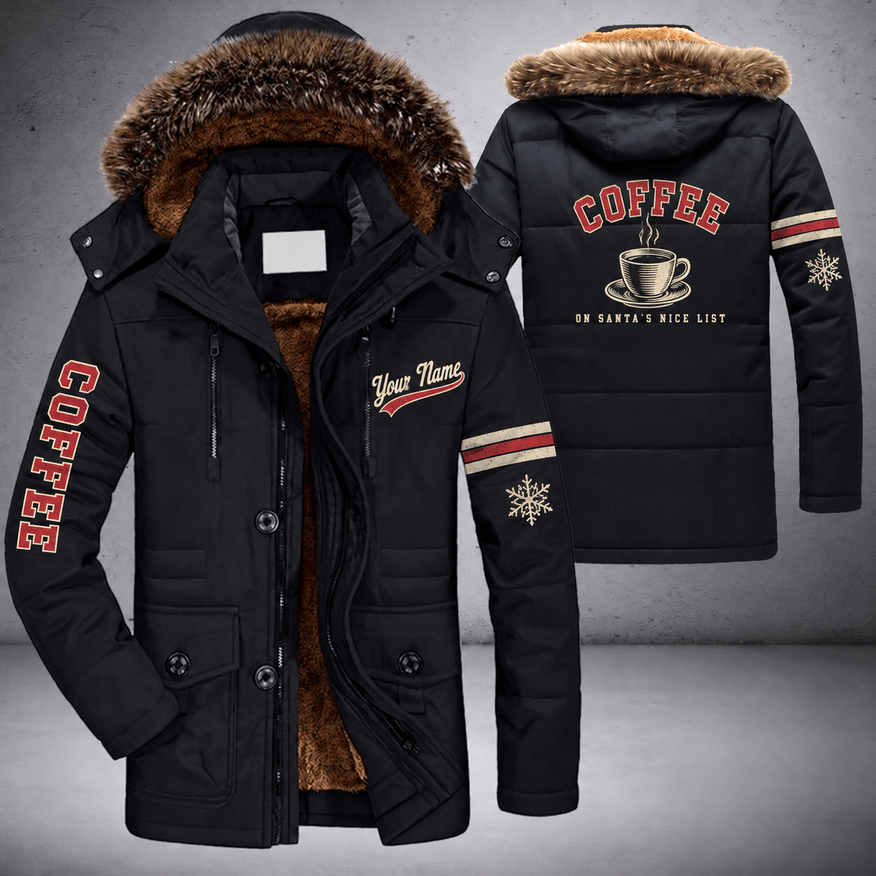 Black parka jacket with a faux-fur hood, snowflake and coffee cup on the back, "COFFEE" lettering and a custom name in script on the chest