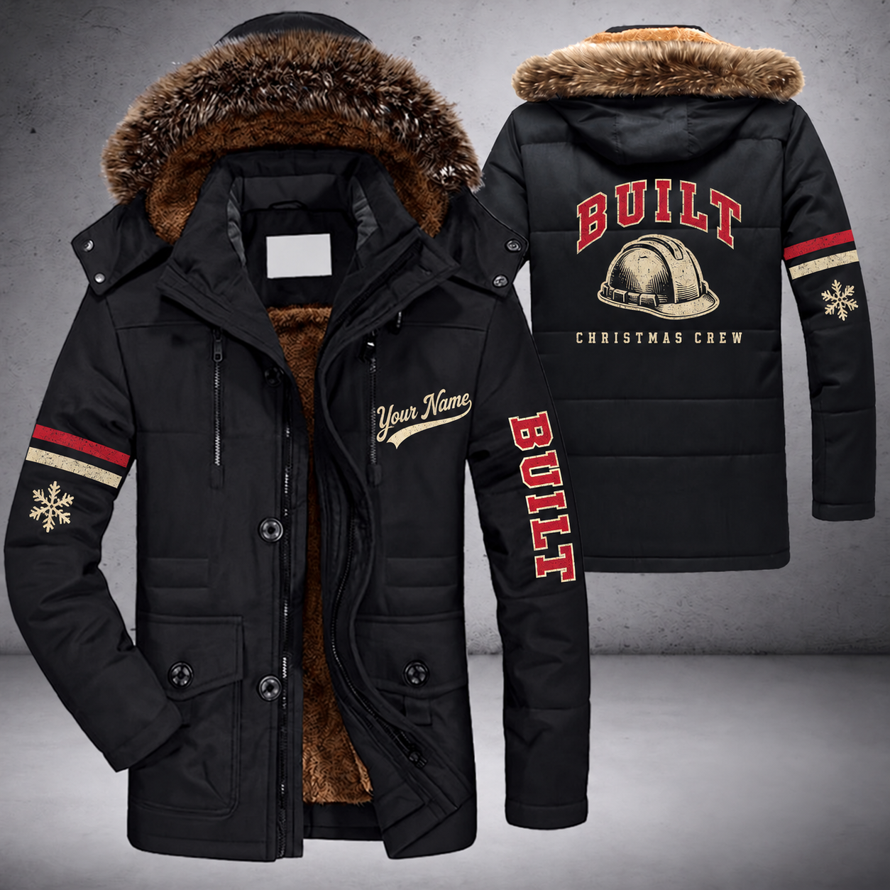 Black parka jacket with a faux-fur hood, snowflake and hard hat on the back, "BUILT" lettering and a custom name in script on the chest