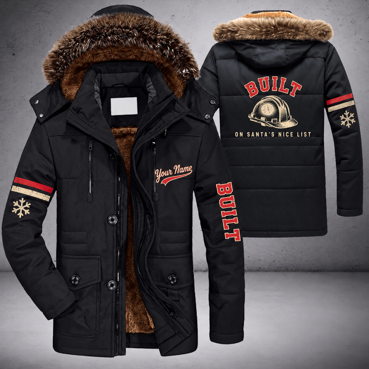 Black parka jacket with a faux-fur hood, snowflake and hard hat on the back, "BUILT" lettering and a custom name in script on the chest