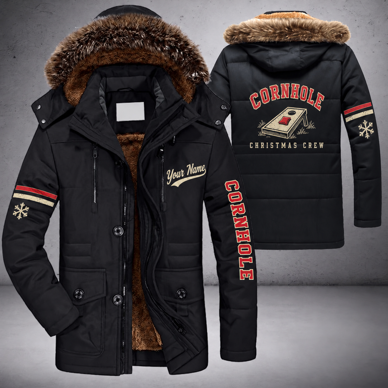 Black parka jacket with a faux-fur hood, snowflake and cornhole board on the back, "CORNHOLE" lettering and a custom name in script on the chest