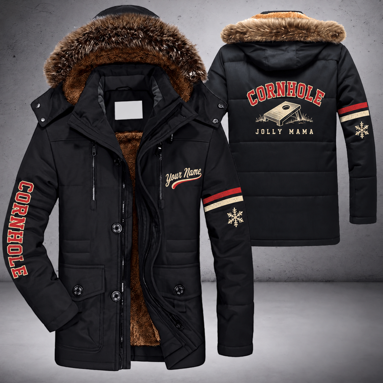 Black parka jacket with a faux-fur hood, snowflake and cornhole board on the back, "CORNHOLE" lettering and a custom name in script on the chest