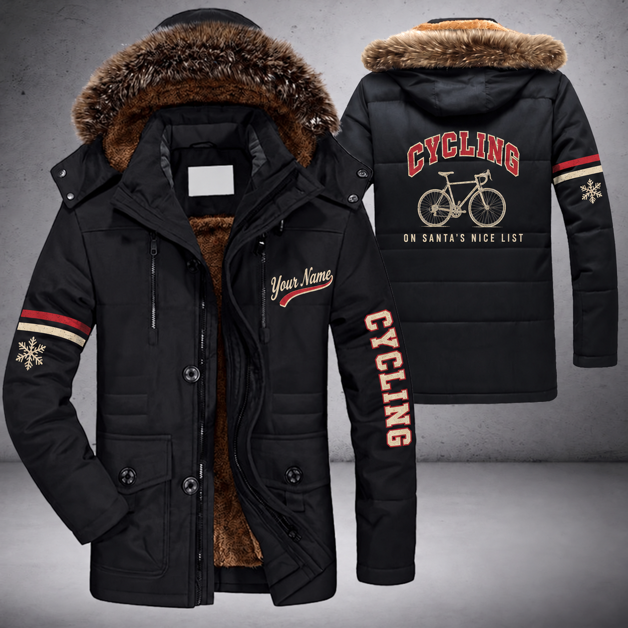 Black parka jacket with a faux-fur hood, snowflake and road bike on the back, "CYCLING" lettering and a custom name in script on the chest