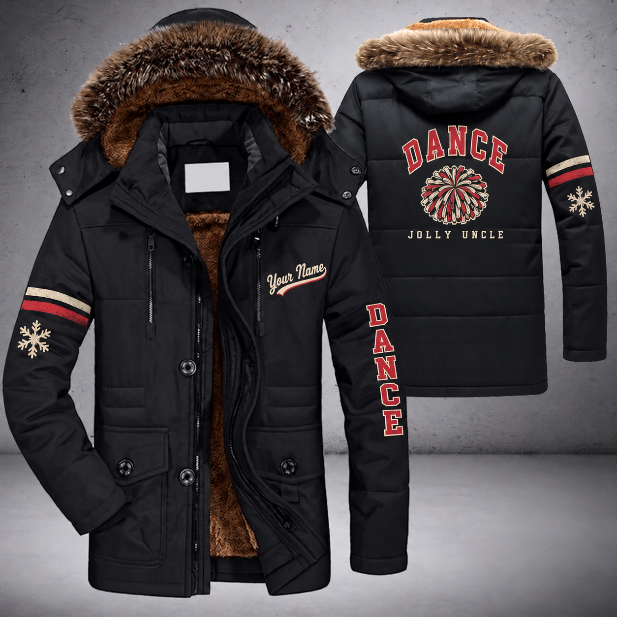 Black parka jacket with a faux-fur hood, snowflake and pom pom on the back, "DANCE" lettering and a custom name in script on the chest