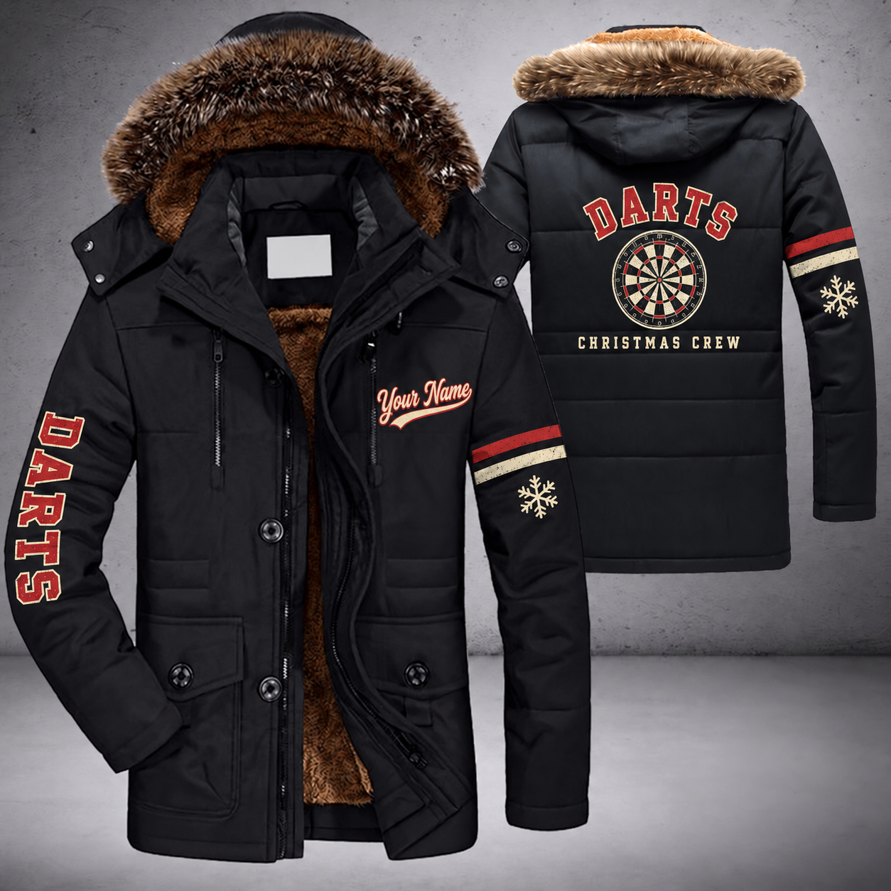 Black parka jacket with a faux-fur hood, snowflake and dartboard on the back, "DARTS" lettering and a custom name in script on the chest