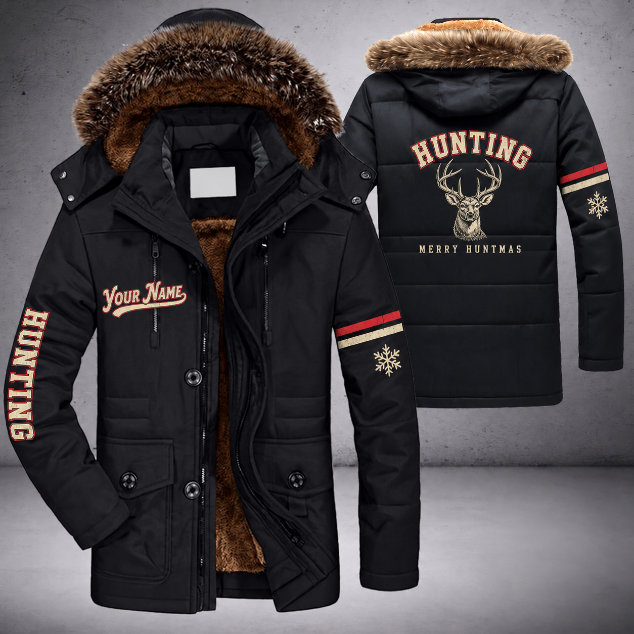Black parka jacket with a faux-fur hood, snowflake and whitetail buck head on the back, "HUNTING" lettering and a custom name in script on the chest