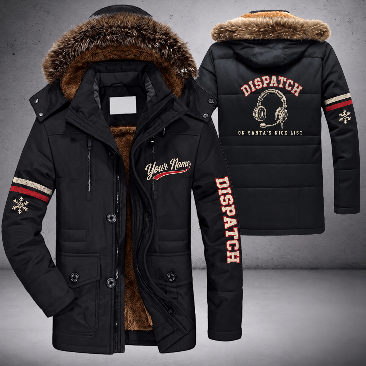 Black parka jacket with a faux-fur hood, snowflake and headset on the back, "DISPATCH" lettering and a custom name in script on the chest
