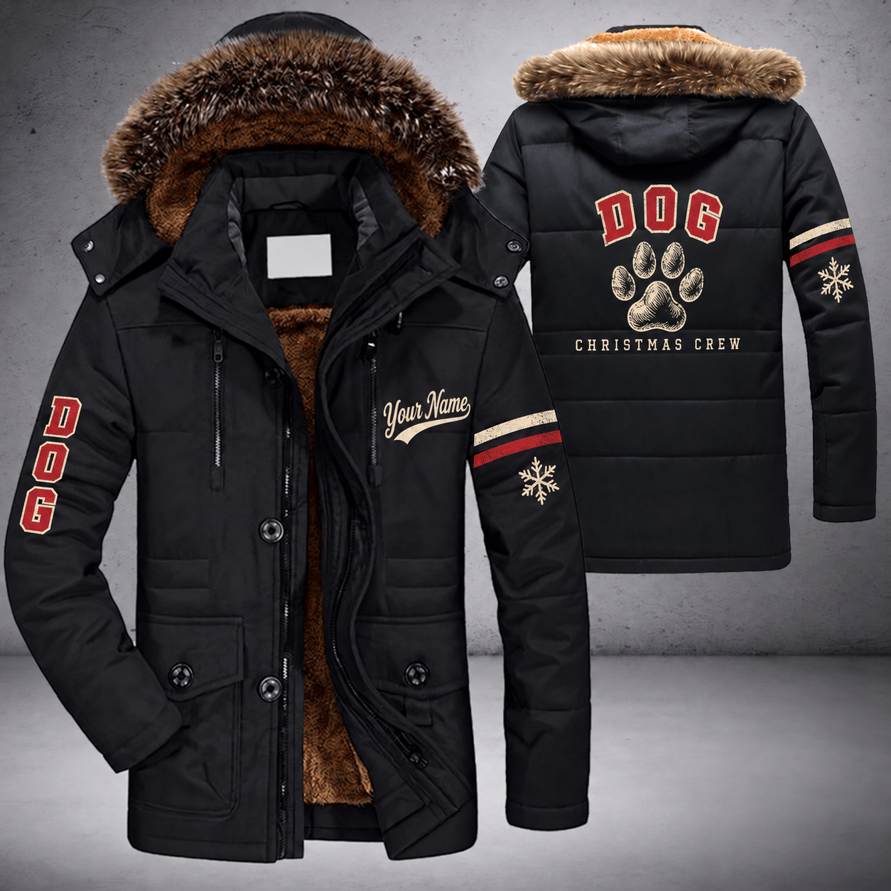 Black parka jacket with a faux-fur hood, snowflake and paw print on the back, "DOG" lettering and a custom name in script on the chest