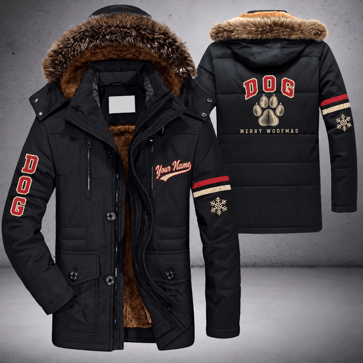 Black parka jacket with a faux-fur hood, snowflake and paw print on the back, "DOG" lettering and a custom name in script on the chest