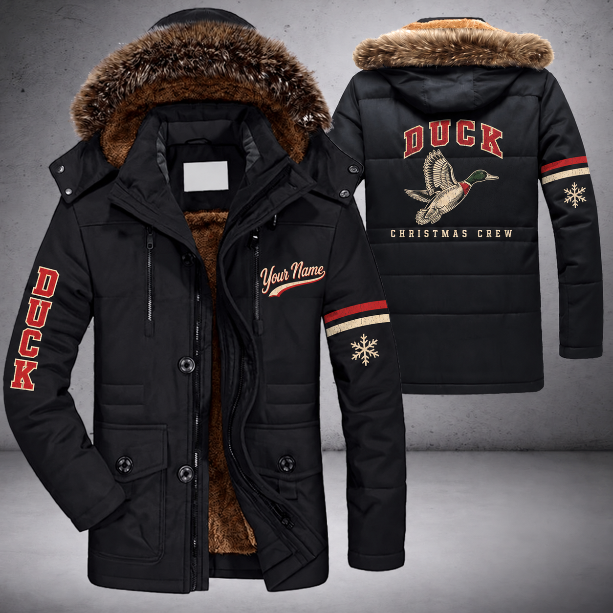 Black parka jacket with a faux-fur hood, snowflake and mallard in flight on the back, "DUCK" lettering and a custom name in script on the chest