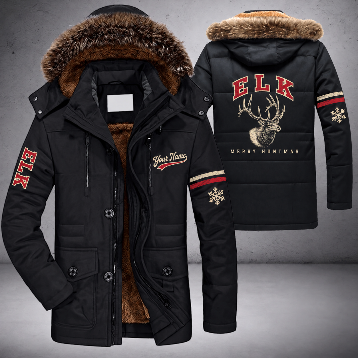 Black parka jacket with a faux-fur hood, snowflake and bull elk head on the back, "ELK" lettering and a custom name in script on the chest