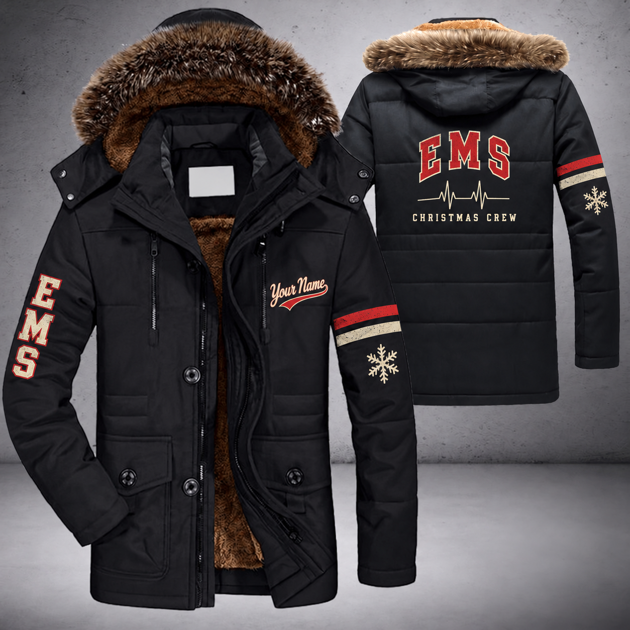 Black parka jacket with a faux-fur hood, snowflake and heartbeat line on the back, "EMS" lettering and a custom name in script on the chest