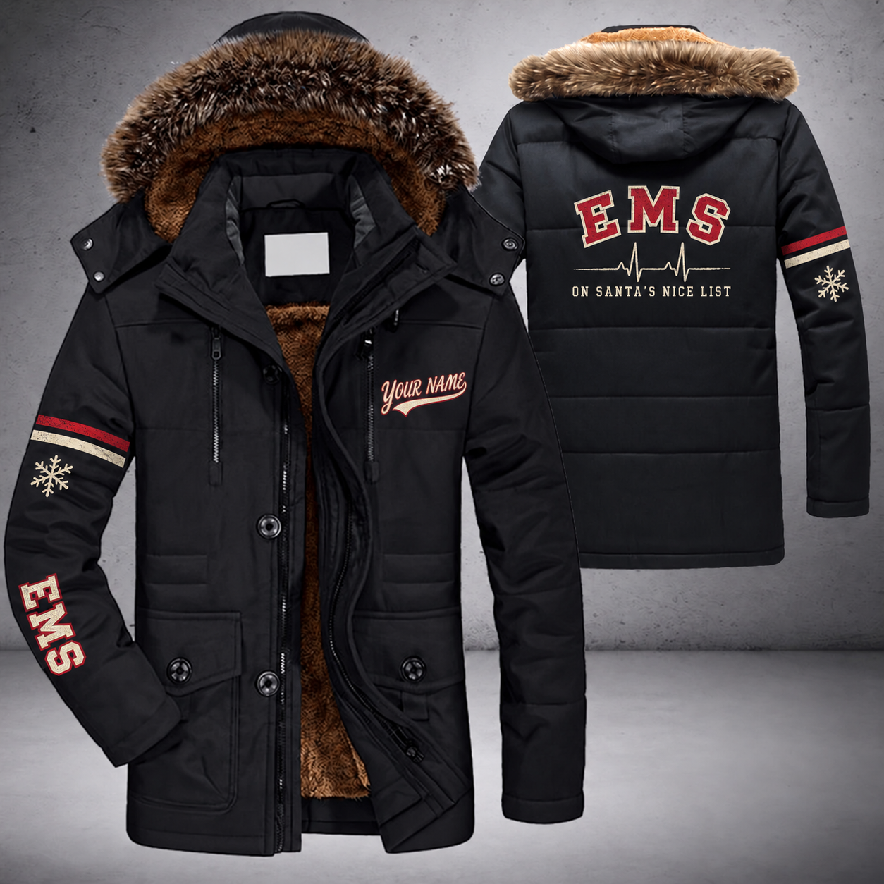 Black parka jacket with a faux-fur hood, snowflake and heartbeat line on the back, "EMS" lettering and a custom name in script on the chest