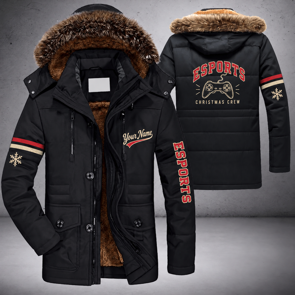 Black parka jacket with a faux-fur hood, snowflake and controller on the back, "ESPORTS" lettering and a custom name in script on the chest