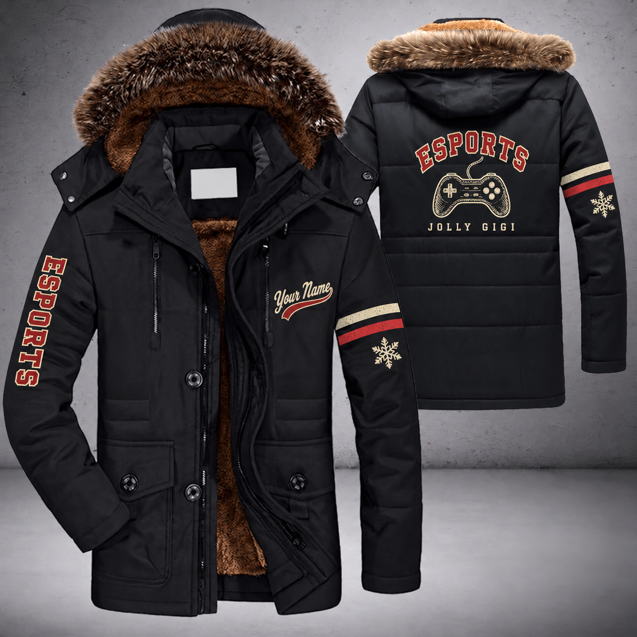 Black parka jacket with a faux-fur hood, snowflake and controller on the back, "ESPORTS" lettering and a custom name in script on the chest