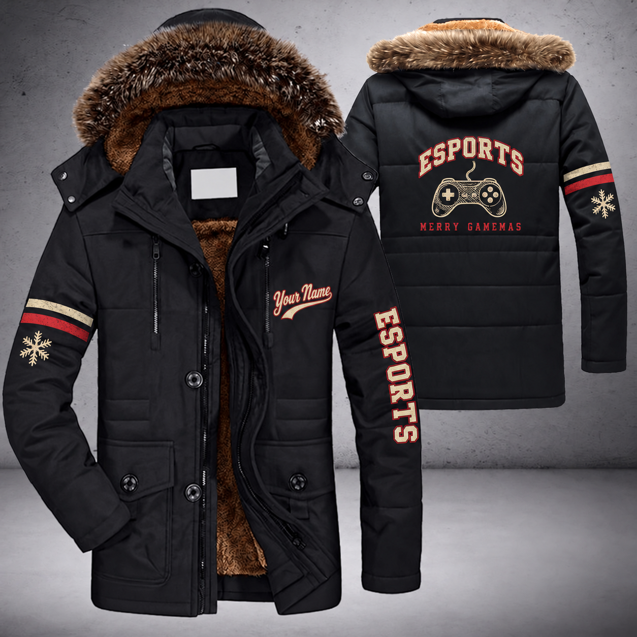Black parka jacket with a faux-fur hood, snowflake and controller on the back, "ESPORTS" lettering and a custom name in script on the chest