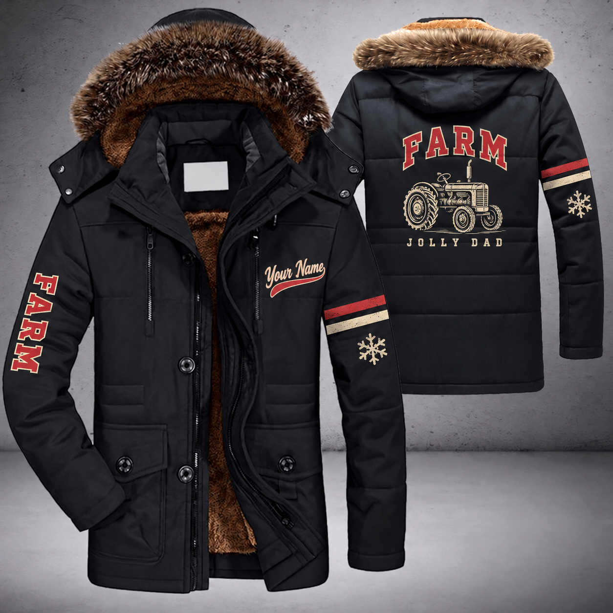Black parka jacket with a faux-fur hood, snowflake and tractor on the back, "FARM" lettering and a custom name in script on the chest