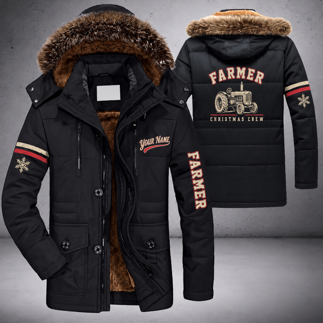 Black parka jacket with a faux-fur hood, snowflake and tractor on the back, "FARMER" lettering and a custom name in script on the chest
