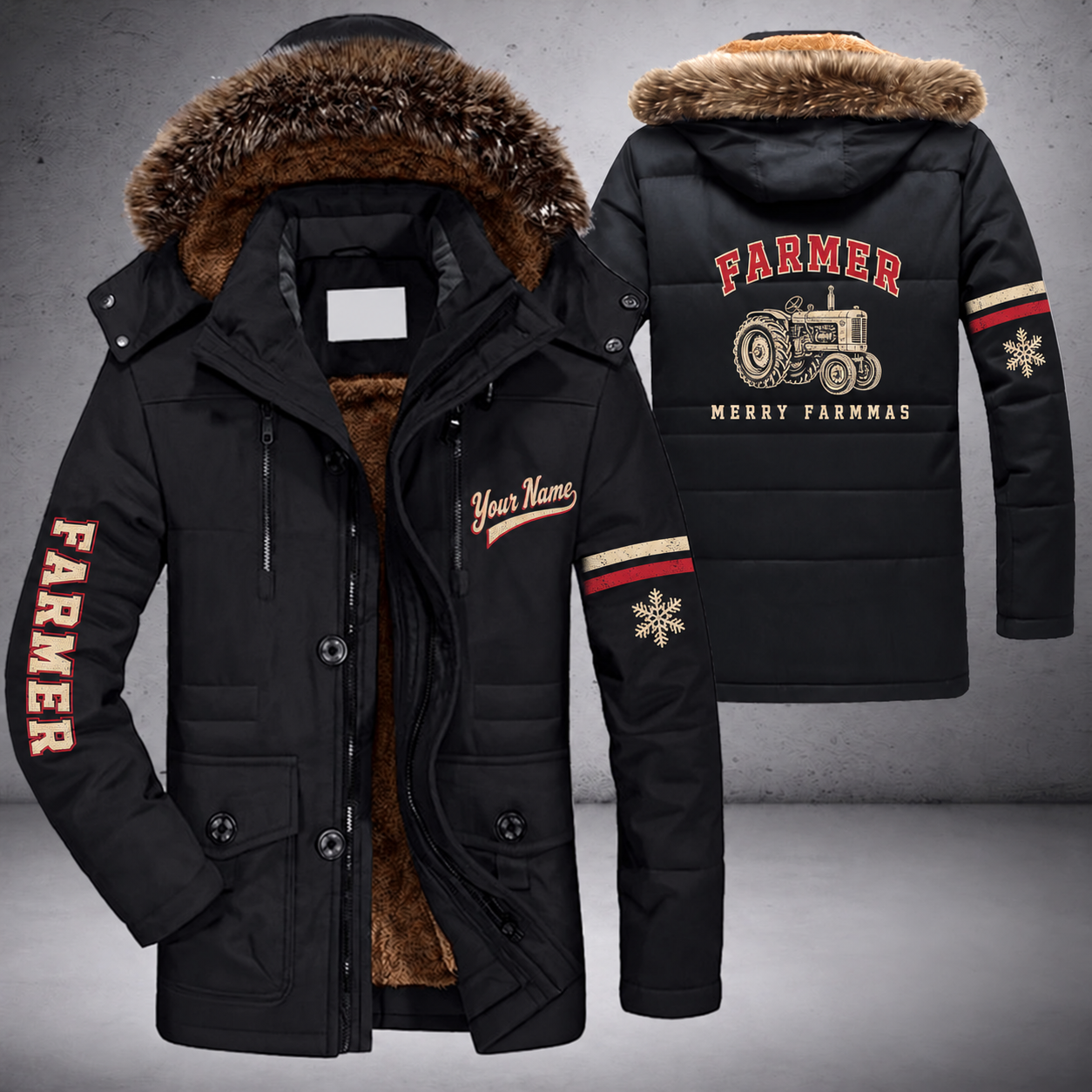 Black parka jacket with a faux-fur hood, snowflake and tractor on the back, "FARMER" lettering and a custom name in script on the chest