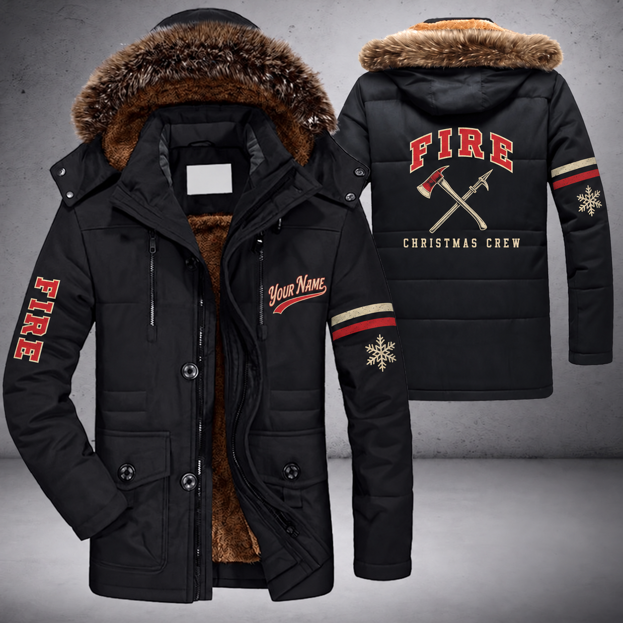 Black parka jacket with a faux-fur hood, snowflake and fire axe and pike crossed on the back, "FIRE" lettering and a custom name in script on the chest