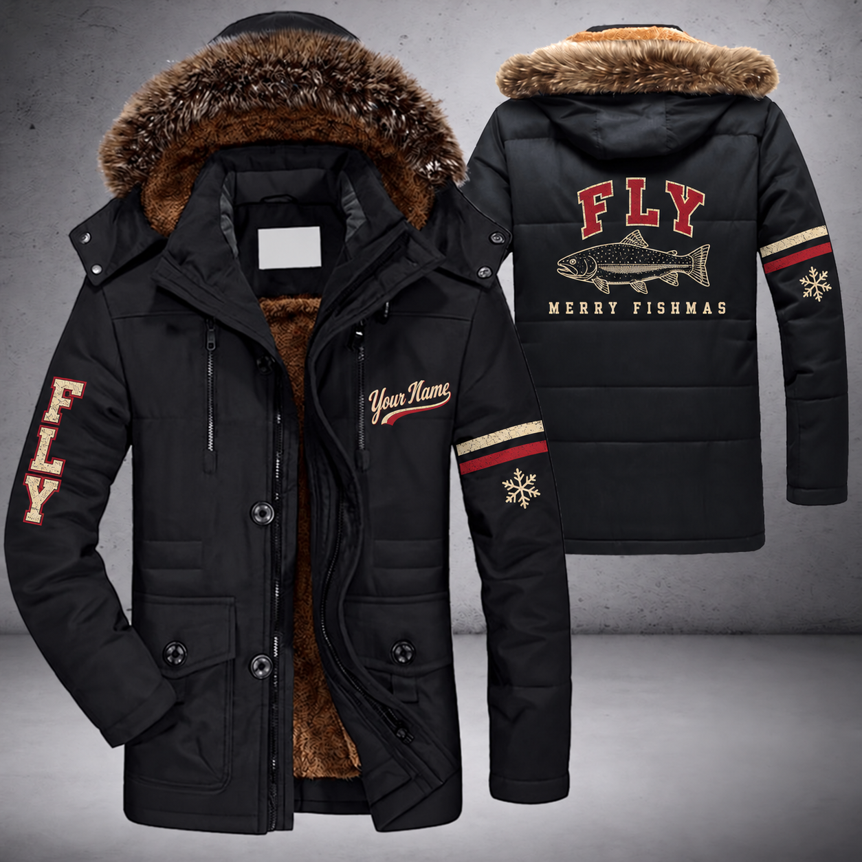 Black parka jacket with a faux-fur hood, snowflake and trout on the back, "FLY" lettering and a custom name in script on the chest