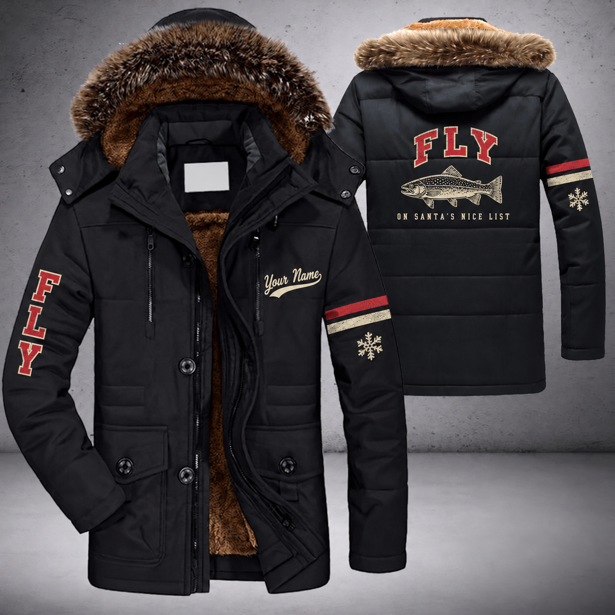 Black parka jacket with a faux-fur hood, snowflake and trout on the back, "FLY" lettering and a custom name in script on the chest