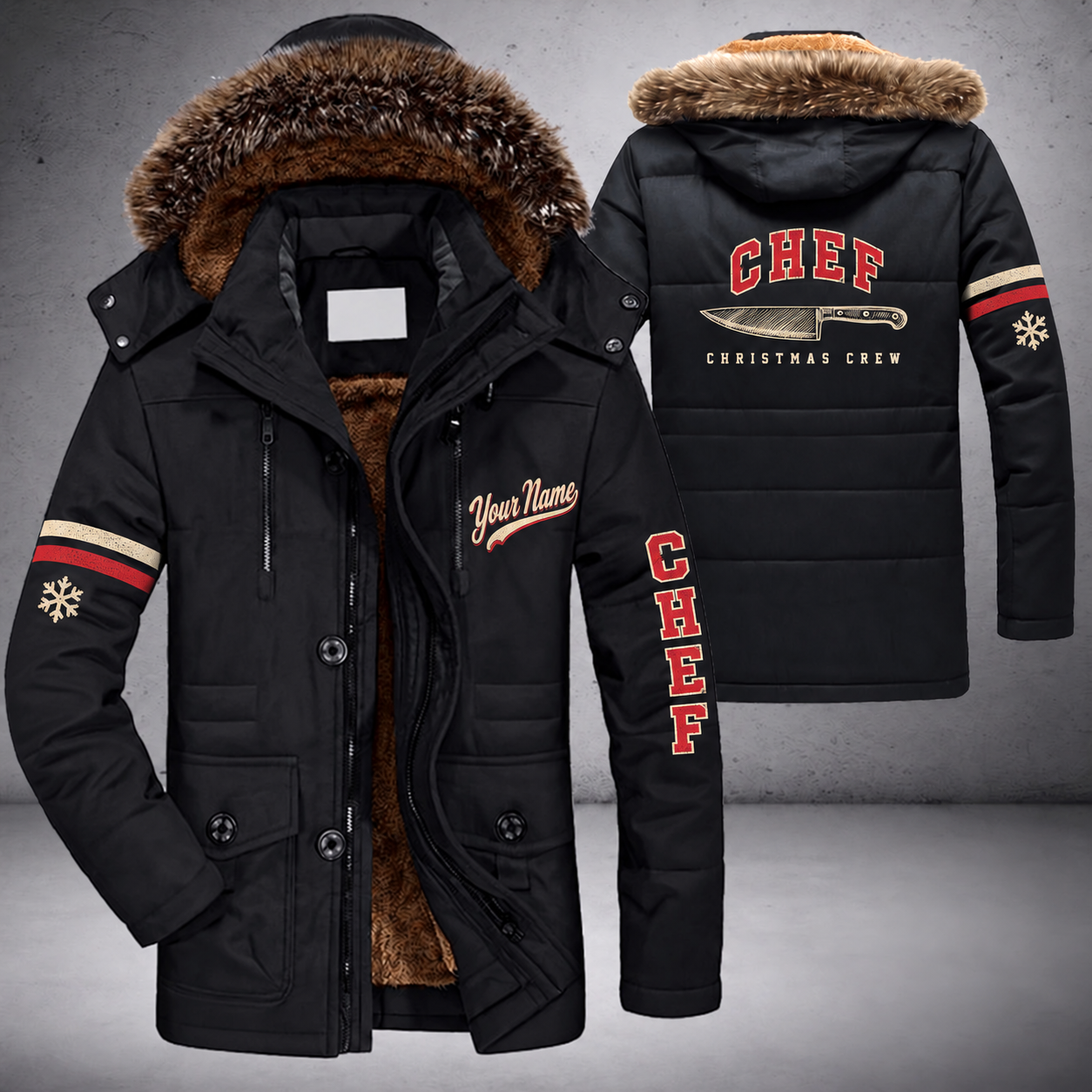 Black parka jacket with a faux-fur hood, snowflake and chef knife on the back, "CHEF" lettering and a custom name in script on the chest