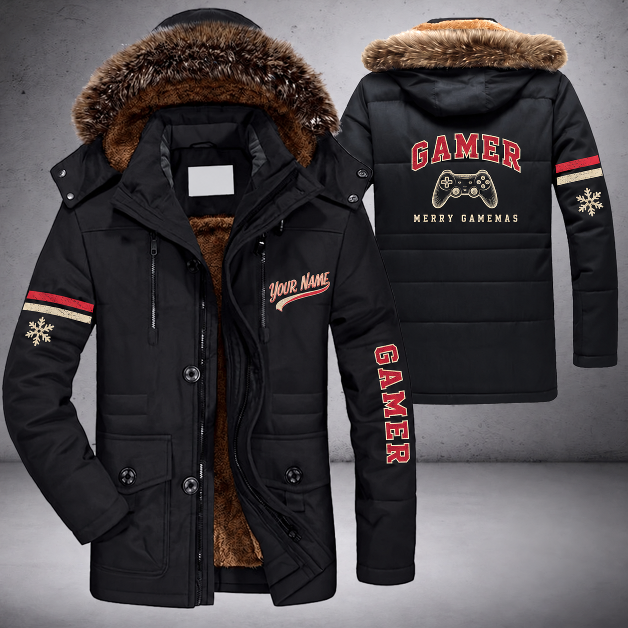 Black parka jacket with a faux-fur hood, snowflake and game controller on the back, "GAMER" lettering and a custom name in script on the chest