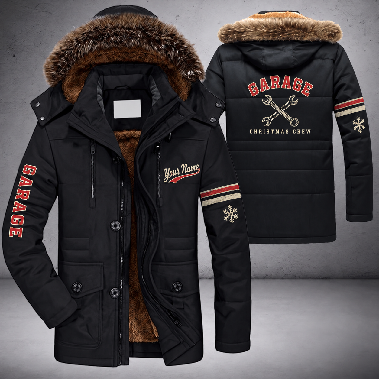 Black parka jacket with a faux-fur hood, snowflake and crossed wrenches on the back, "GARAGE" lettering and a custom name in script on the chest