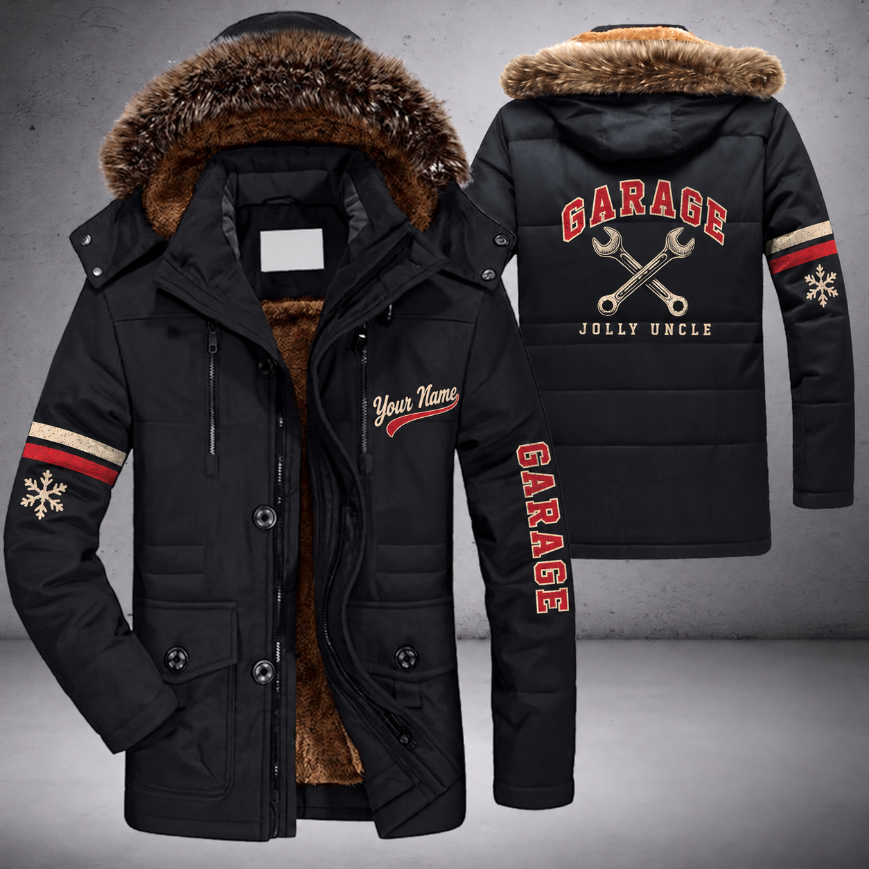 Black parka jacket with a faux-fur hood, snowflake and crossed wrenches on the back, "GARAGE" lettering and a custom name in script on the chest